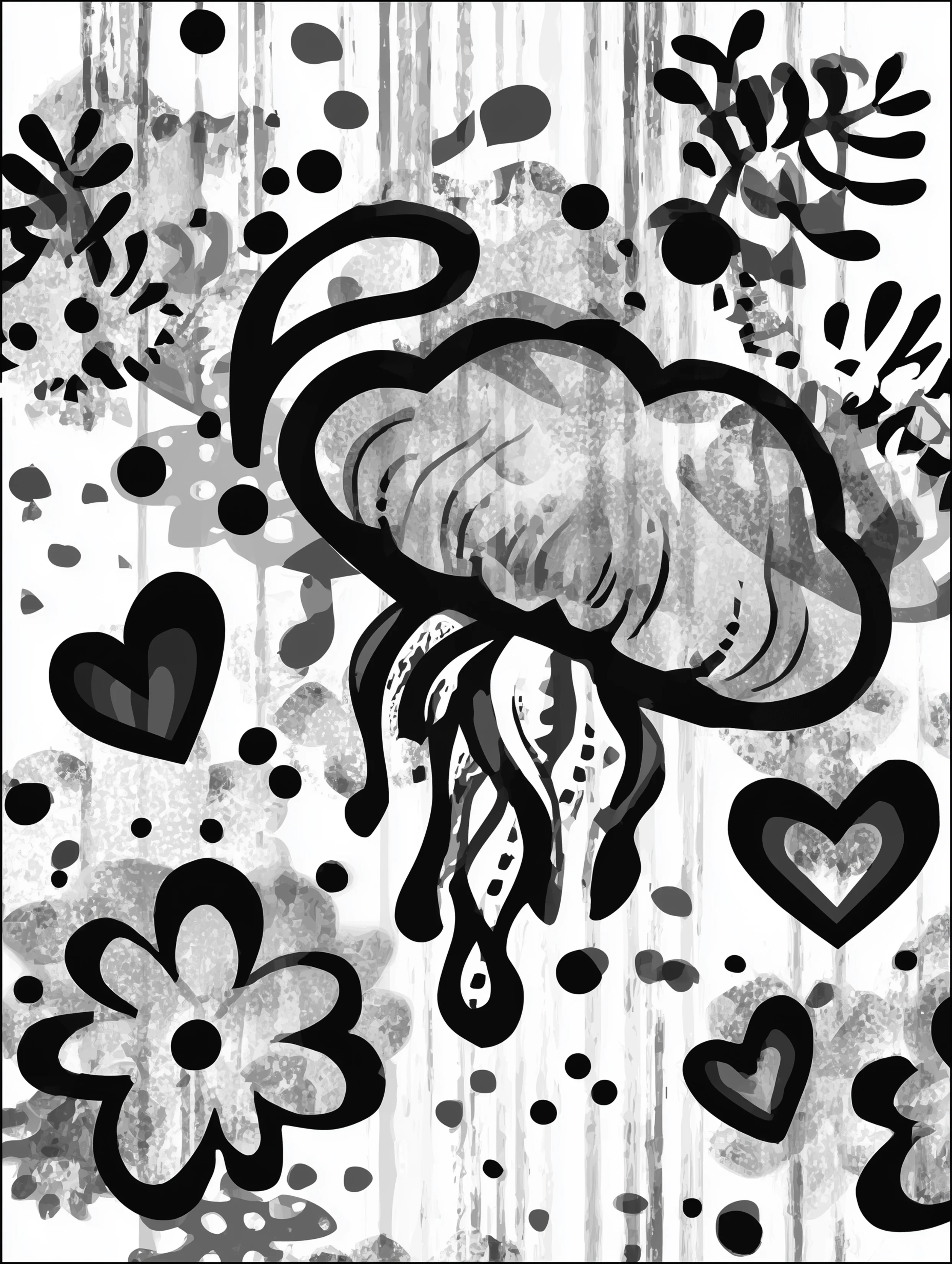 Free printable jellyfish coloring page for adults featuring a wide jellyfish with heart shapes